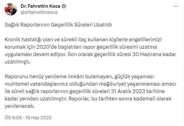 Son dakika: Bakan Fahrettin Koca: Sağlık raporlarının geçerlilik süreleri uzatıldı