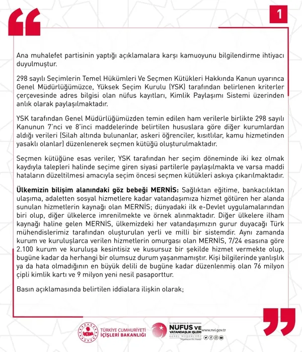 Nüfus ve Vatandaşlık İşleri Genel Müdürlüğü'nden CHP'nin "seçmen" iddialarına yanıt: Gerçeğe aykırı - 1