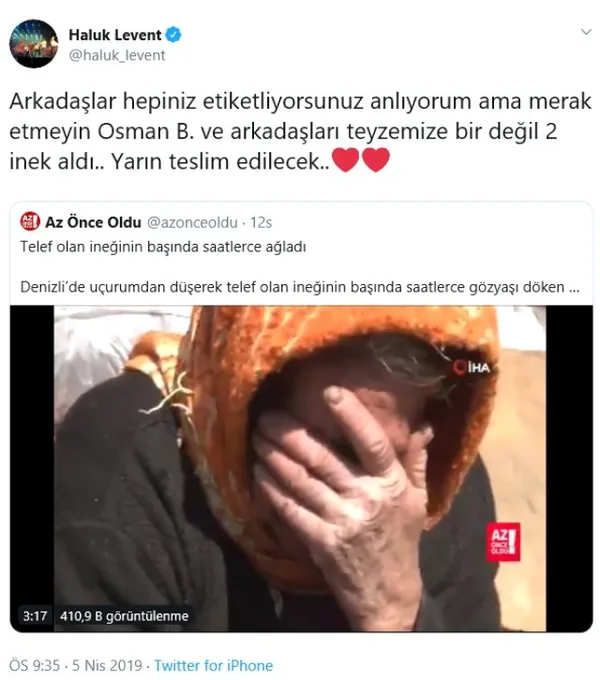 Haluk Levent’ten ineği uçurumdan düşüp telef olan Sabiha Özel’e güzel haber