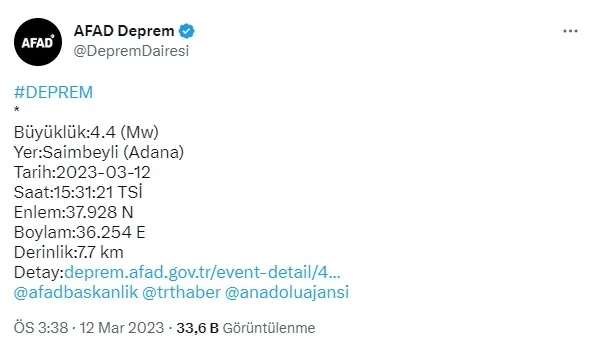 Adana’da son dakika deprem! Mersin, Saimbeyli deprem mi oldu? Kaç şiddetinde meydana geldi? AFAD KANDİLLİ deprem listesi