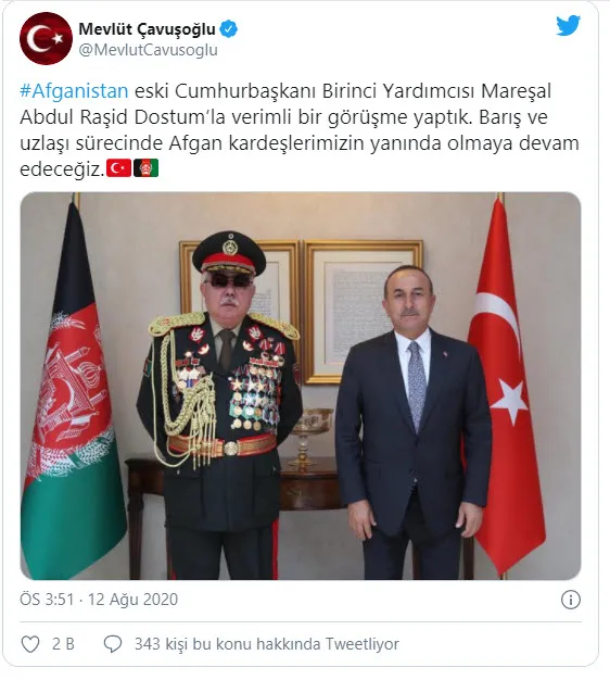 Son dakika: Dışişleri Bakanı Mevlüt Çavuşoğlu, eski Afganistan Cumhurbaşkanı Yardımcısı Mareşal Raşid Dostum'la görüştü - 1
