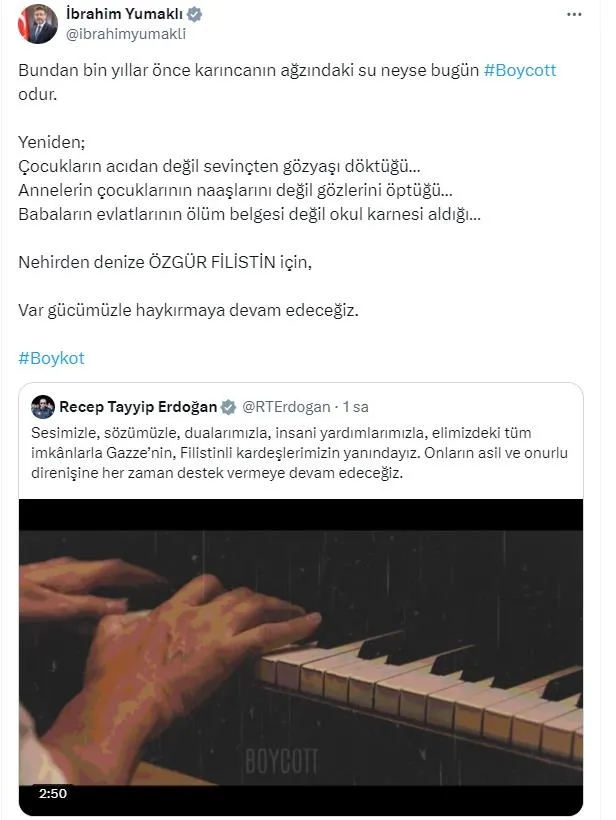 baskan-erdogandan-boykot-mesajli-paylasim-filistinli-kardeslerimizin-yanindayiz-1726513875874.jpeg Başkan Erdoğan'dan "boykot" mesajlı paylaşım! Filistinli kardeşlerimizin yanındayız