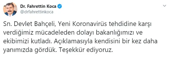 Sağlık Bakanı Fahrettin Koca’dan Devlet Bahçeli’ye teşekkür