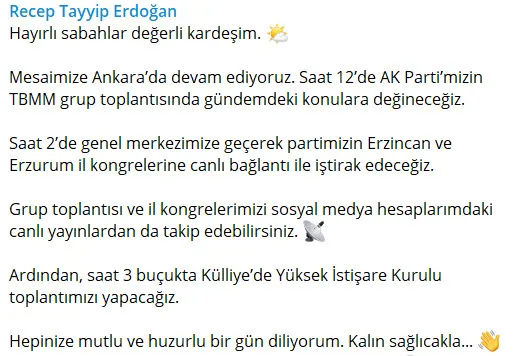 Son dakika: Başkan Erdoğan paylaştı! İşte günün ilk mesaisi
