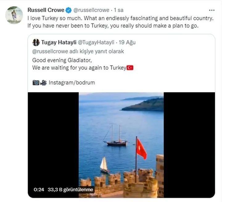 Oscar ödüllü oyuncu Russell Crowe’dan hayranlarına Türkiye çağrısı! “Büyüleyici bir ülke”
