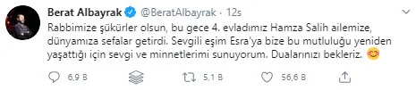 Başkan Erdoğan'ın 8. torun sevinci! Hazine ve Maliye Bakanı Berat Albayrak Twitter'dan paylaştı - 1