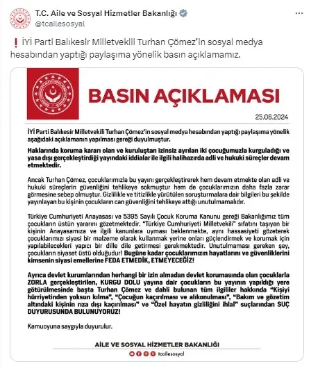 Aile Bakanlığı açıkladı: İYİ Partili Çömez hakkında suç duyurusu