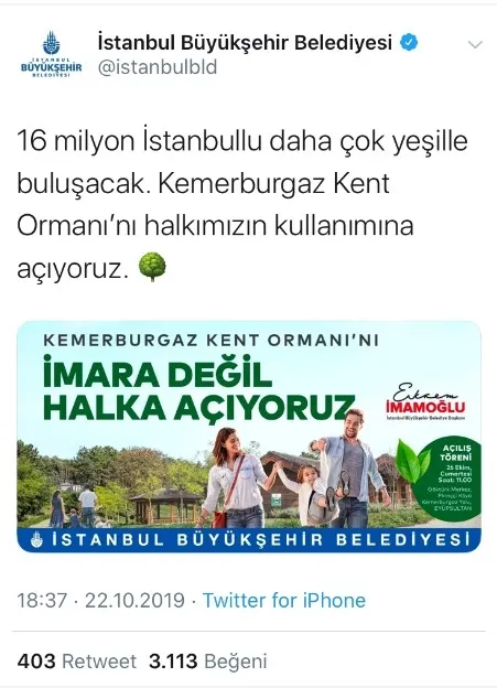 Tarım ve Orman Bakanlığı; Ekrem İmamoğlu’nun Kemerburgaz Kent Ormanı yalanını ortaya çıkardı!