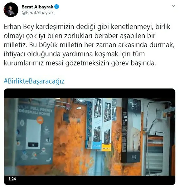 Hazine ve Maliye Bakanı Berat Albayrak'tan 'Birlikte başaracağız' paylaşımı - 1