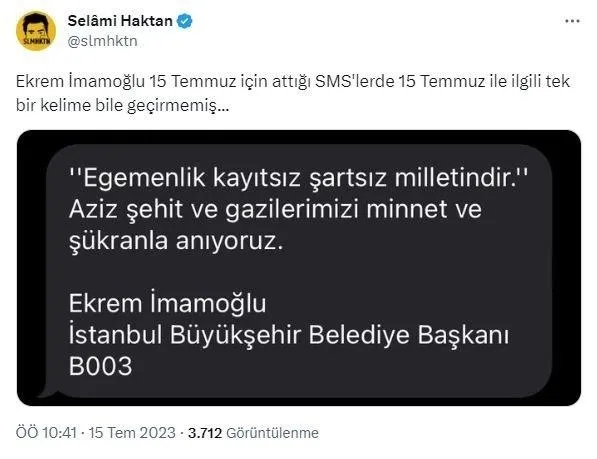 CHP’li İBB Başkanı Ekrem İmamoğlu’ndan tepki çeken SMS! Ne 15 Temmuz dedi ne de FETÖ