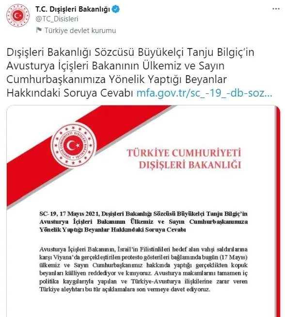 Dışişleri Bakanlığından Avusturya İçişleri Bakanının Başkan Erdoğan ve Türkiye açıklamalarına sert tepki
