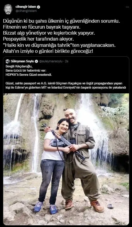 CHP 'Semra Güzel' paylaşımından rahatsız oldu! Cihangir İslam Bakan Soylu'yu tehdit etti: Yargılanacaksın