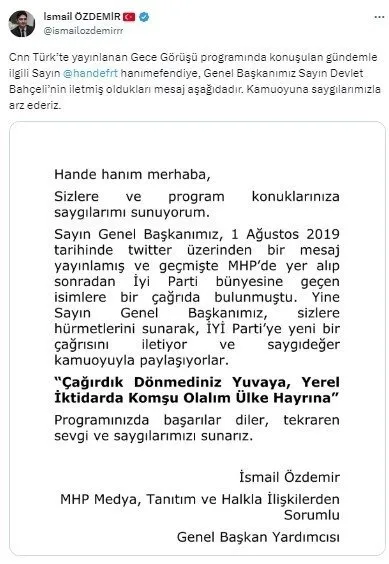 İYİ Parti’den MHP’nin ittifak teklifine net yanıt: 26 Ağustos ruhuyla rotamız net pusulamız millet!