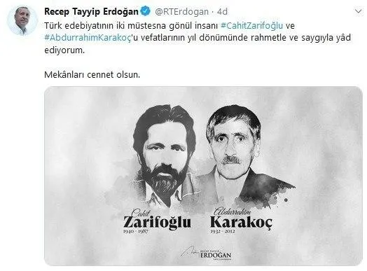 Son dakika: Başkan Erdoğan'dan Cahit Zarifoğlu ve Abdurrahim Karakoç mesajı - 1