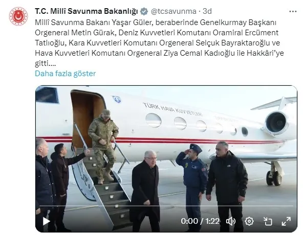 Milli Savunma Bakanı Yaşar Güler ve komuta kademesi Hakkari’de! Terör örgütü PKK’ya operasyona devam