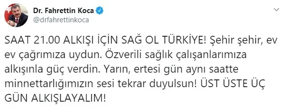 Son dakika: Fahrettin Koca sağlık çalışanları için üst üste 3 gün alkış istedi