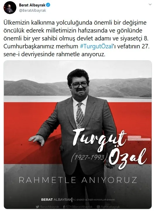 Son dakika: Hazine ve Maliye Bakanı Berat Albayrak'tan Turgut Özal'ı anma mesajı: Milletimizin gönlünde önemli yere sahip - 1