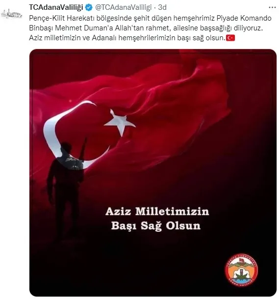 MSB: Pençe Kilit’te Binbaşı Mehmet Duman şehit oldu