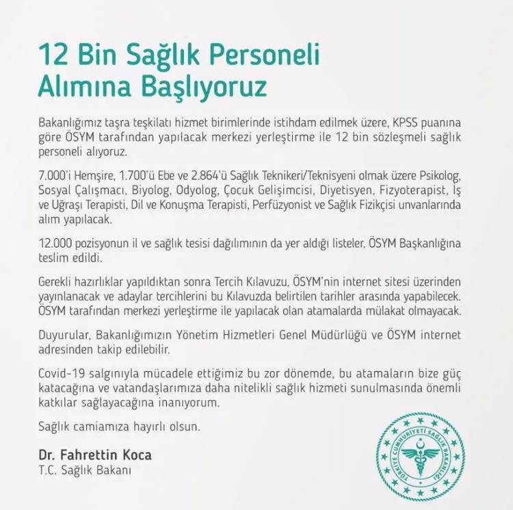 Son dakika: Bakan Koca açıkladı: 12 bin sağlık personeli alınacak...