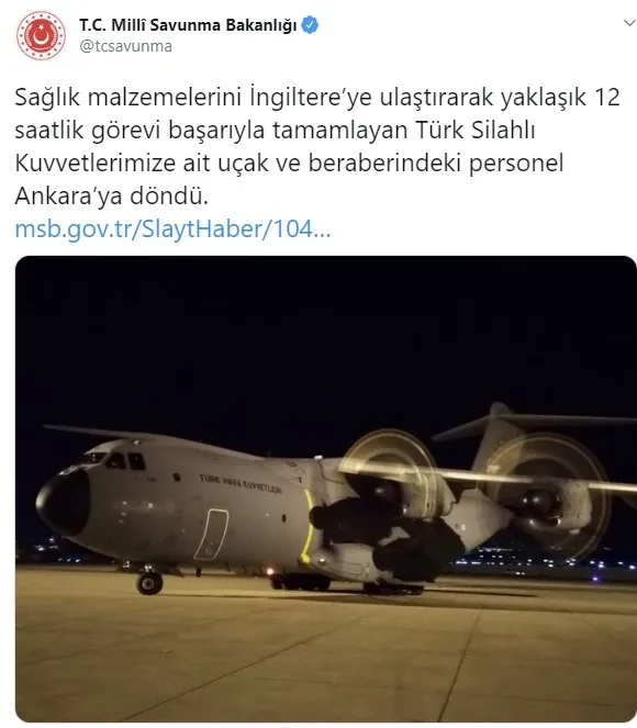 İngiltere'ye koronavirüs yardım paketlerini götüren uçak ve personel yurda döndü - 1