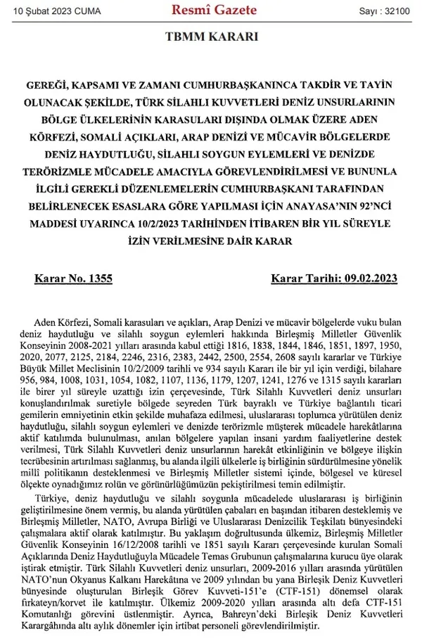 TBMM kararı Resmi Gazete'de: Türk askerinin Aden Körfezi'ndeki görev süresi uzatıldı - 1