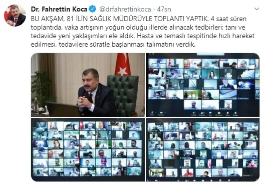 Sağlık Bakanı Fahrettin Koca: 81 ilin sağlık müdürüyle toplantı yaptık ve talimatı verdik
