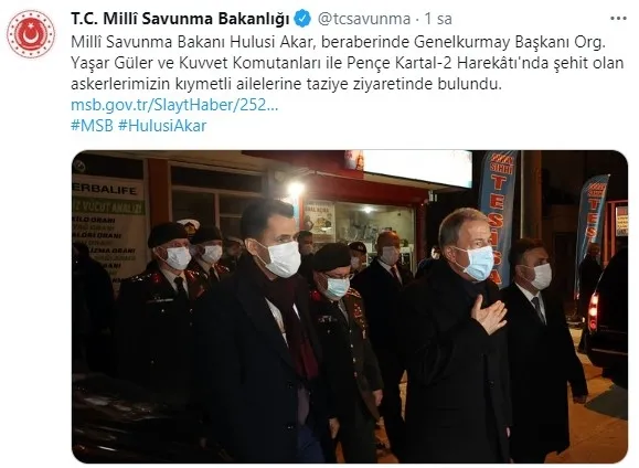 Milli Savunma Bakanı Hulusi Akar Pençe Kartal- 2 Harekatı şehitlerinin ailelerini ziyaret etti