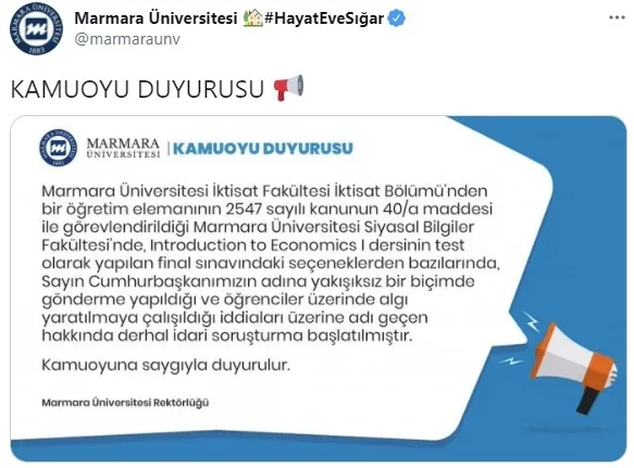 Marmara Üniversitesi’ndeki bir öğretim görevlisinde Başkan Erdoğan’a hakaret