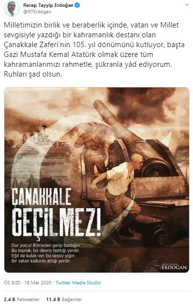 Başkan Erdoğan'dan Çanakkale Zaferi için 18 Mart paylaşımı - 2