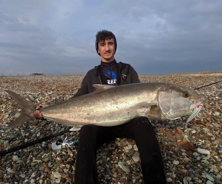 Lise öğrencisi kıyıdan oltayla onlarca kiloluk balık tuttu! Nesli azalan keler balığı ağa takıldı