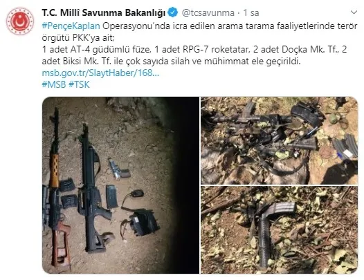 MSB: Pençe-Kaplan Operasyonunda PKK’ya ait silah ve mühimmat ele geçirildi