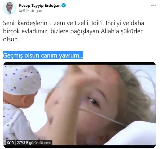 Başkan Erdoğan’dan minik Elif’e: Geçmiş olsun canım yavrum
