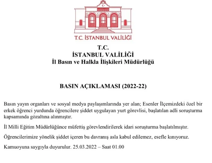 istanbul-valiligi-duyurdu-esenlerde-ogrenci-yurdundaki-siddete-dair-sorusturma-baslatildi-1648161823174.jpg İstanbul Valiliği duyurdu: Esenler'de öğrencilere şiddet uygulayan yurt görevlisi gözaltına alındı - 1