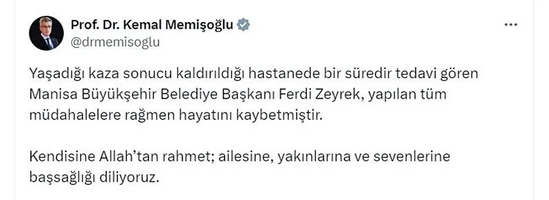 BAKAN MEMİŞOĞLU DUYURDU: ZEYREK HAYATINI KAYBETTİ