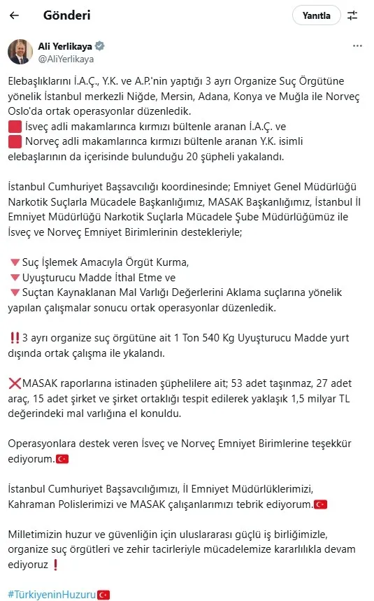İstanbul’dan Oslo’ya suç örgütü operasyonu! Detayları Bakan Yerlikaya duyurdu