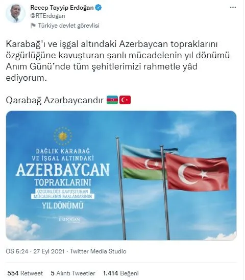 Başkan Recep Tayyip Erdoğan’dan Azerbaycan mesajı