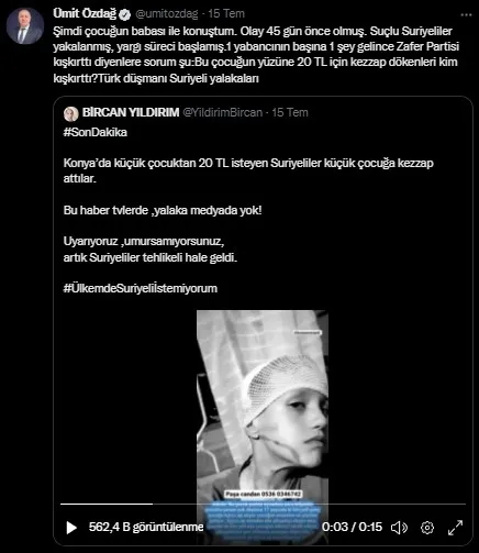 Ümit Özdağ provokasyona doymuyor: Şimdi de ’Suriyeliler 20 TL için kezzap attı’ yalanı