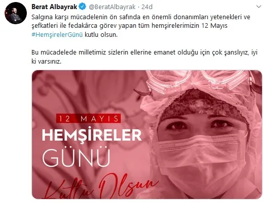 Hazine ve Maliye Bakanı Berat Albayrak’tan Hemşireler Günü mesajı