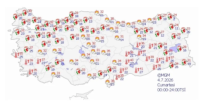4 Temmuz Cumartesi hava tahmin haritası