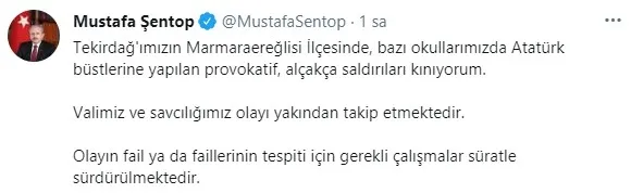 TBMM Başkanı Mustafa Şentop Tekirdağ'da bazı okullarda Atatürk büstlerine yapılan saldırıları kınadı - 1