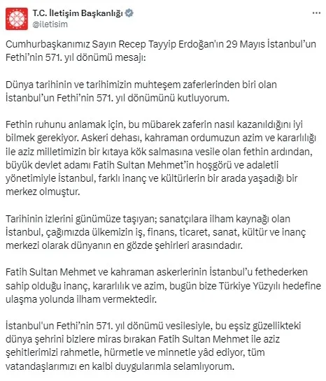 istanbulun-fethinin-571yili-sehir-genelinde-cok-sayida-etkinlik-duzenlenecek-1716962717475.jpg İstanbul'un Fethi'nin 571.yılı! Başkan Erdoğan'dan kutlama mesajı: Fatih Sultan Mehmet'in inancı Türkiye Yüzyılı için bize ilham veriyor - 2