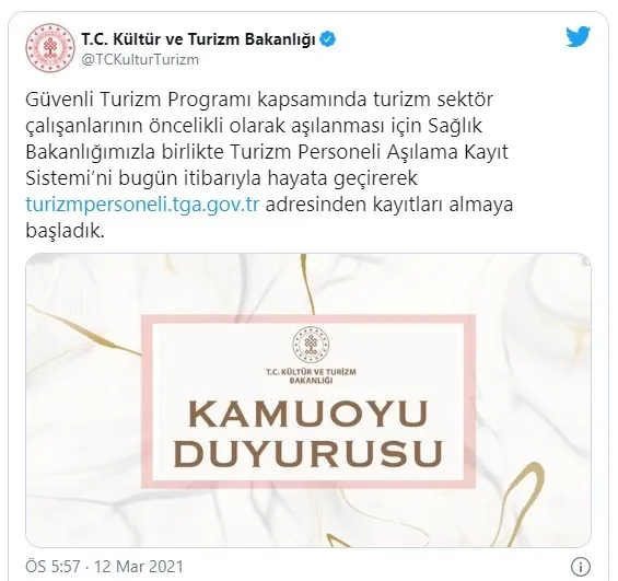 Son dakika | Kültür ve Turizm Bakanlığı: Turizm çalışanları için aşı kayıtları başladı - 1