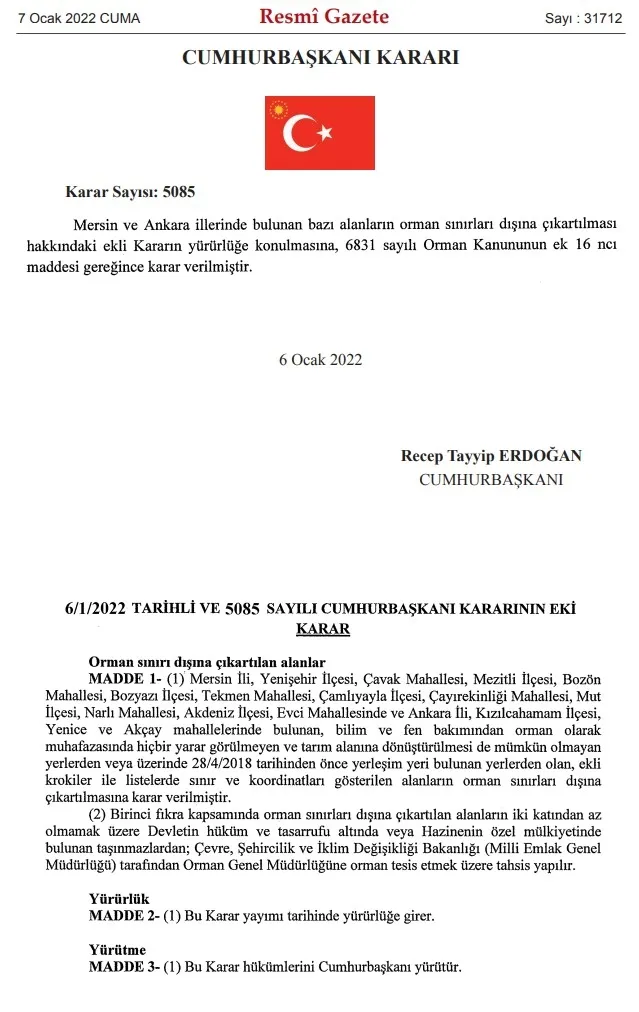 Karar Resmi Gazete'de: Mersin ve Ankara'da bazı alanlar orman sınırları dışına çıkartıldı - 1