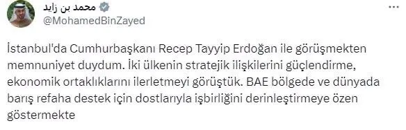 Türkiye ve BAE arasında ekonomik ortaklık! BAE Devlet Başkanı Nahyan'dan dikkat çeken Türkçe paylaşım - 1