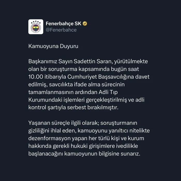 Fenerbahçe’den Saran açıklaması: Hukuki girişimler başlatılacak