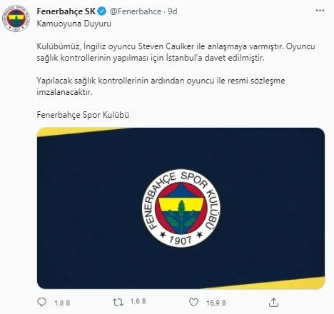 Fenerbahçe’den son dakika transfer açıklaması! Steven Caulker Fenerbahçe’de