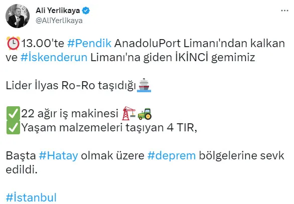 Kahramanmaraş depremi çalışmaları için iş makinalarını taşıyan ikinci gemi İskenderun’a gitti