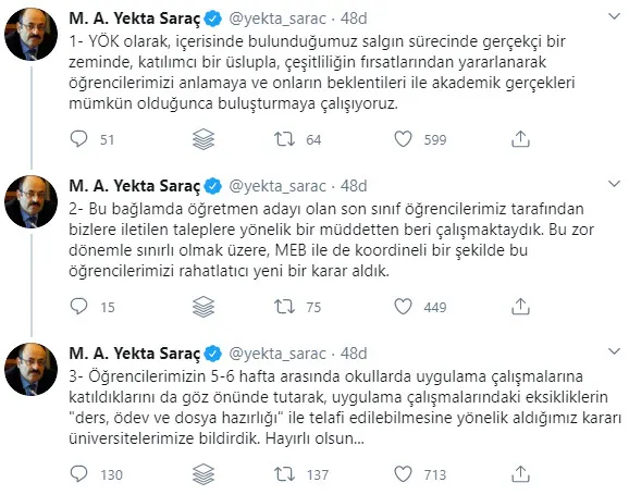 Son dakika: YÖK Başkanı Yekta Saraç 'hayırlı olsun' deyip duyurdu: Kararı üniversitelerimize bildirdik - 1