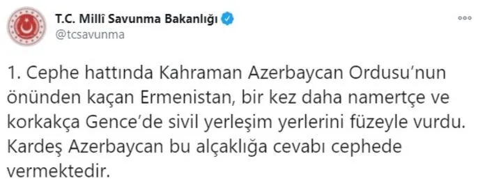Türkiye’den Ermenistan’ın Gence ve Mingeçevir kentlerine füze saldırısına sert tepki