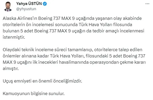 THY’den Boeing 737 MAX 9 tipi uçakları seferden çekme kararı